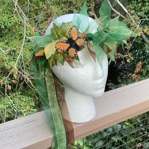 Green adult or teen Headband floral stretch ribbon festival crown with butterfly